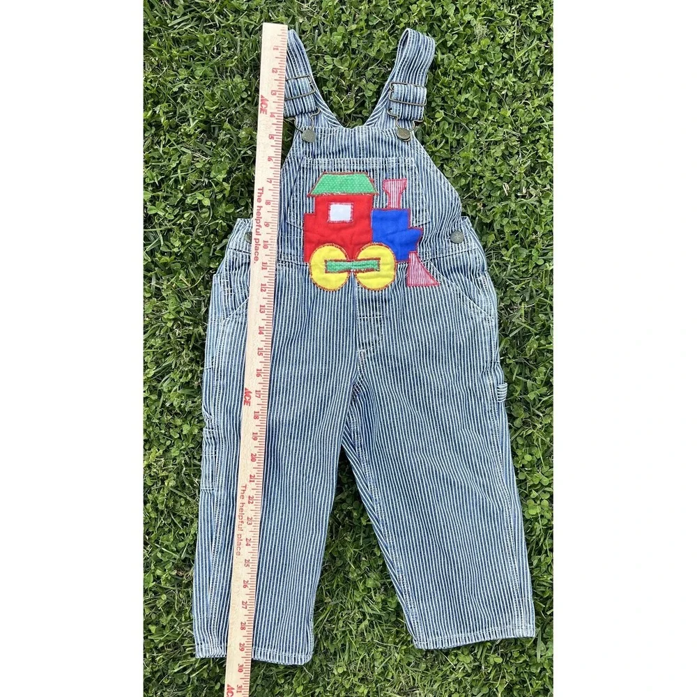 Vintage Tracey Designs Overalls Kids 3 Striped Denim Train Applique Engineer